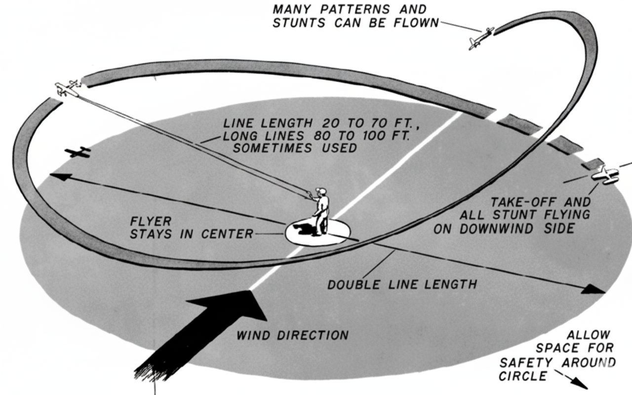 Control-line model airplane flight illustration