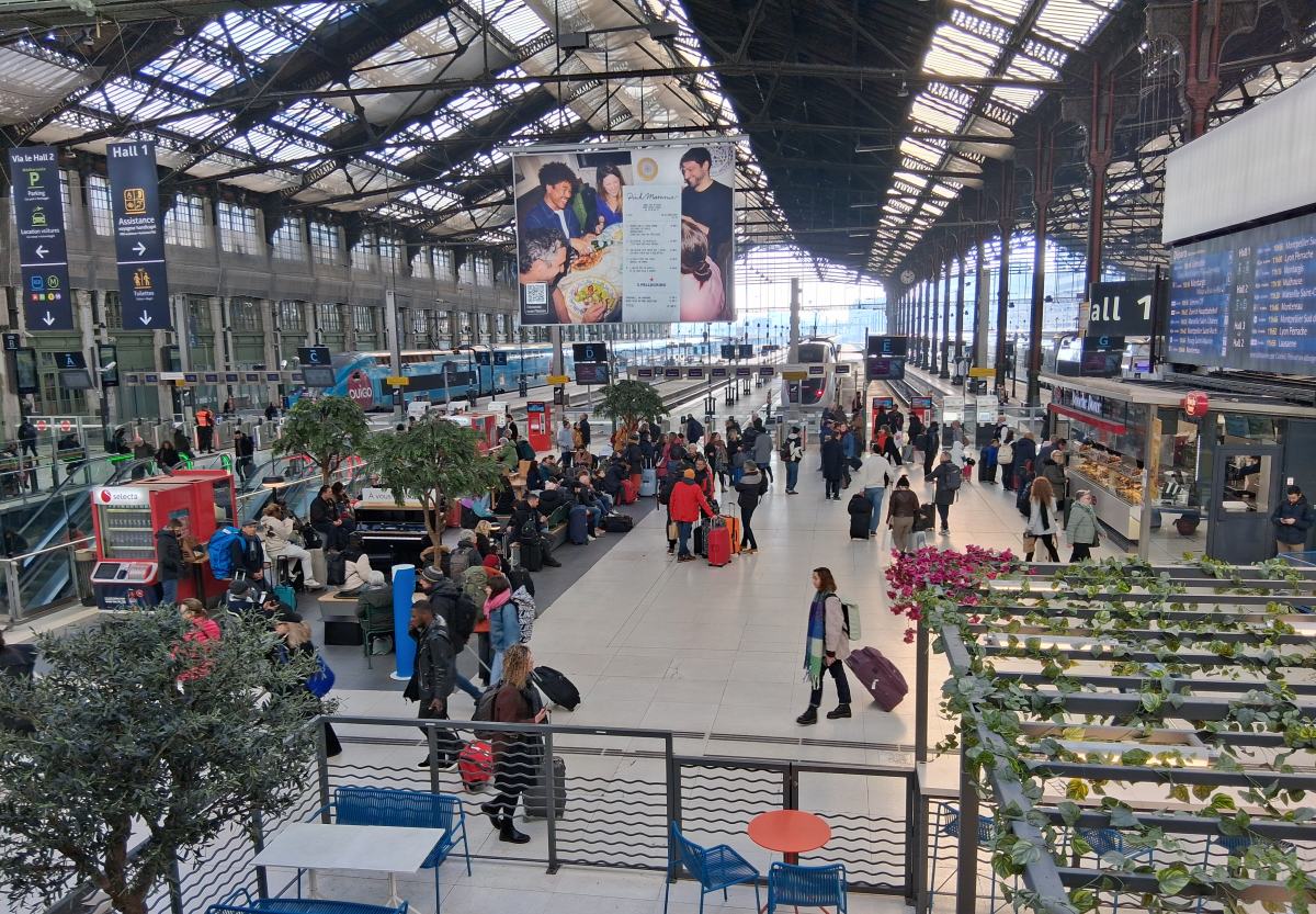 The waiting and boarding area from a stairway vantage point